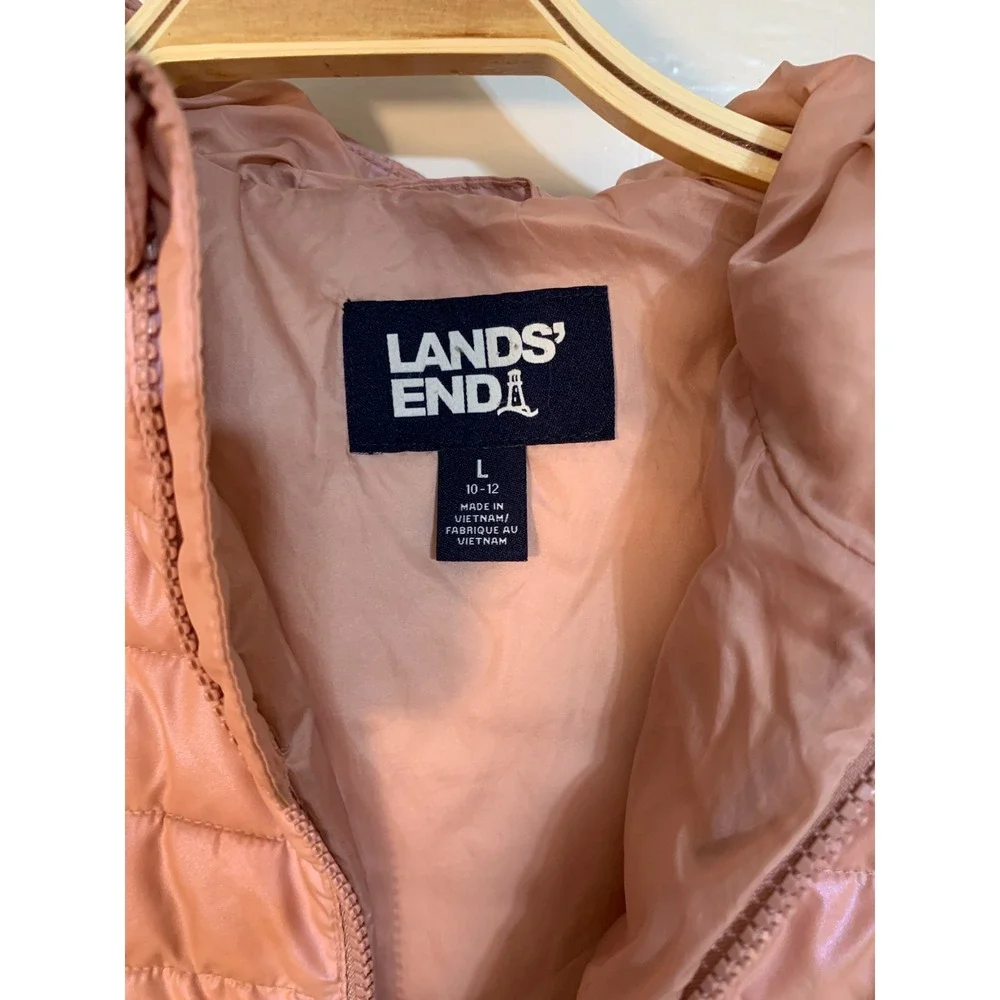 Lands‎ End Kids Girl Puffer Jacket Pastel Pink Zip Hooded Lightweight L/10-12